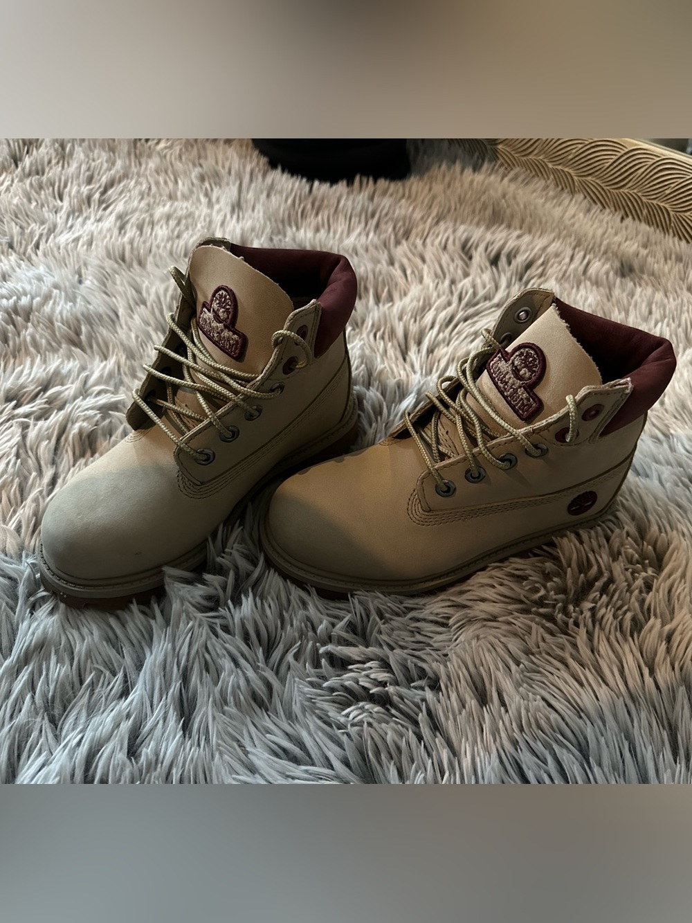 Timberland Kids Tan Boots with Burgundy Collar